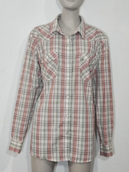 Wrangler Western Plaid Shirt Women's XL Pink White Cowboy Shirt Vintage Inspired - Picture 2 of 10